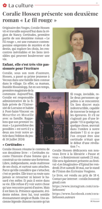 Article de presse Echo des Vosges sur Le fil rouge de Coralie Hossen